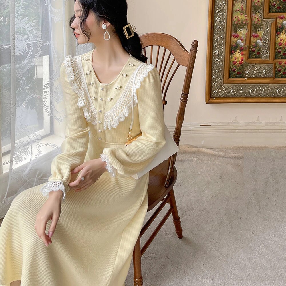 Elegant Dresses For Women Niche Design French Vintage Girlgentle Sweet Knitted Over the knee Dresswomen's Winter New Long Ski