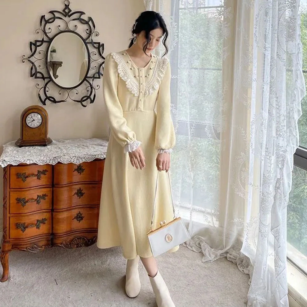 Elegant Dresses For Women Niche Design French Vintage Girlgentle Sweet Knitted Over the knee Dresswomen's Winter New Long Ski