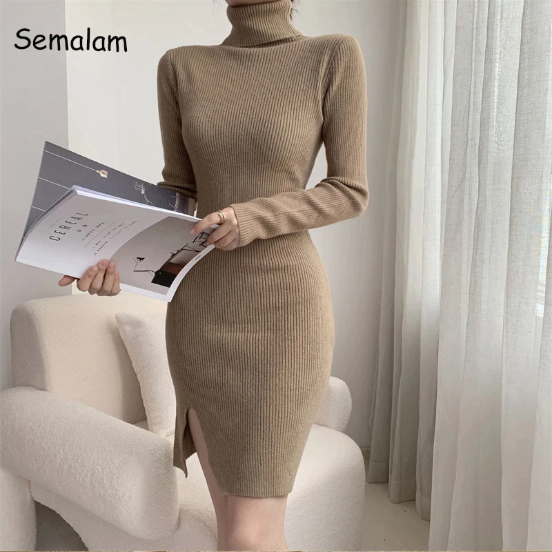 Autumn Winter 2022 Slim Long Sleeve Party Mini Dress for Women Knitted High Collar Elegant Split Knitted Sweater Dresses Ladi