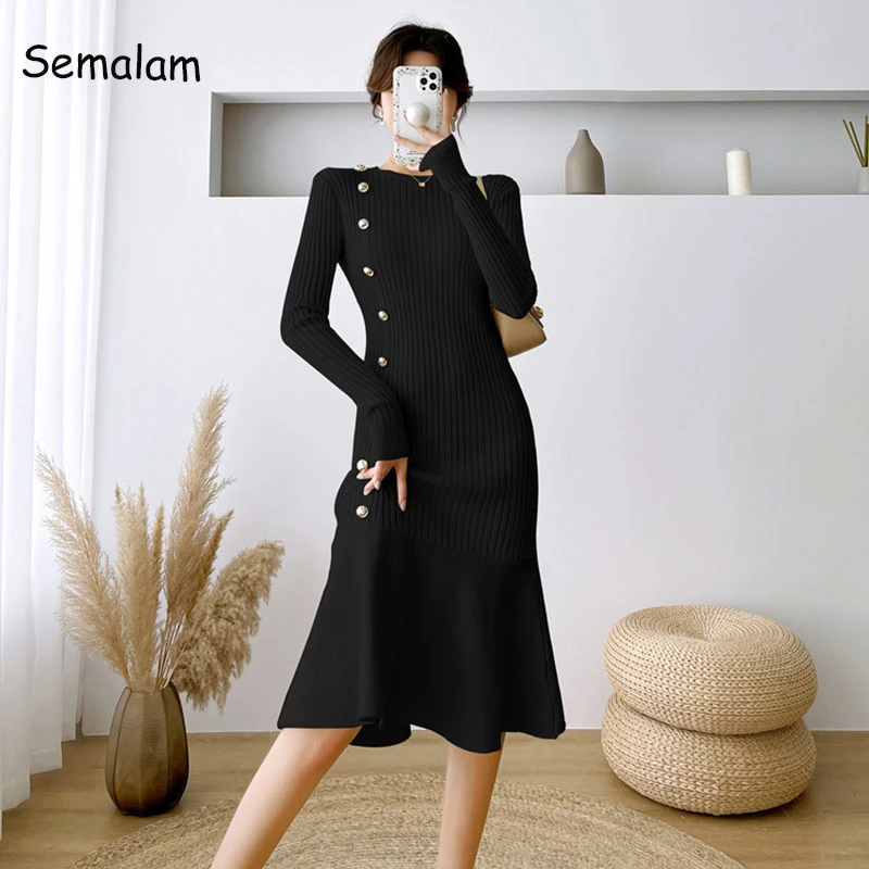 Knitted Sweater Dress 2023 New Women Autumn and Winter Slim Long sleeved Mid length O Neck Over the knee Button Fishtail Skir
