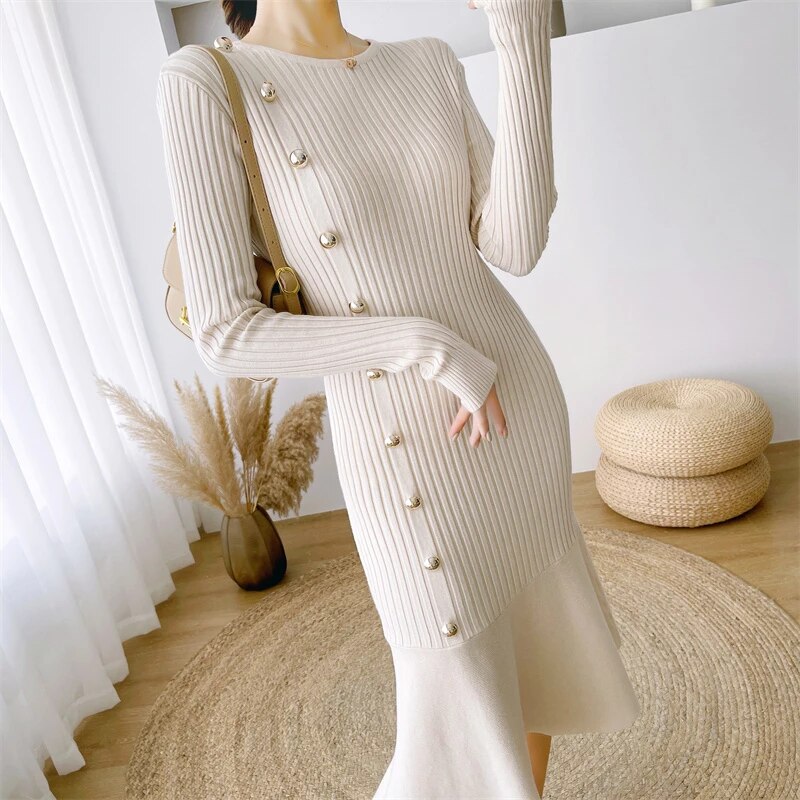 Knitted Sweater Dress 2023 New Women Autumn and Winter Slim Long sleeved Mid length O Neck Over the knee Button Fishtail Skir