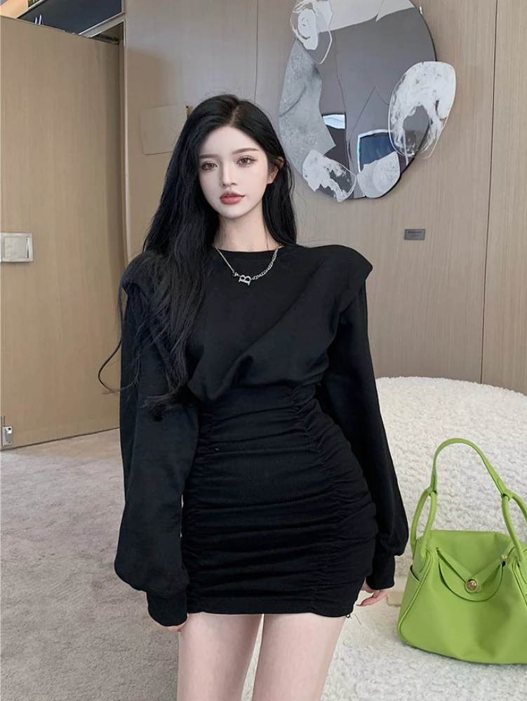 QWEEK Y2k Black Bodycon Dress Korean Fashion Wrap Ruched Slim Party Mini Short Dtresses for Women 2022 Sexy Robe Female Outfi