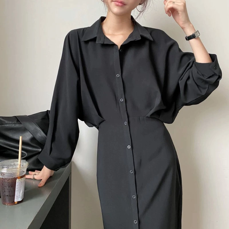 Office Ladies Elegant Shirt Dress Korean Fashion Long Sleeve Button Slim Fit Casual Maxi Dress Women Autumn Chic Vestidos Rob