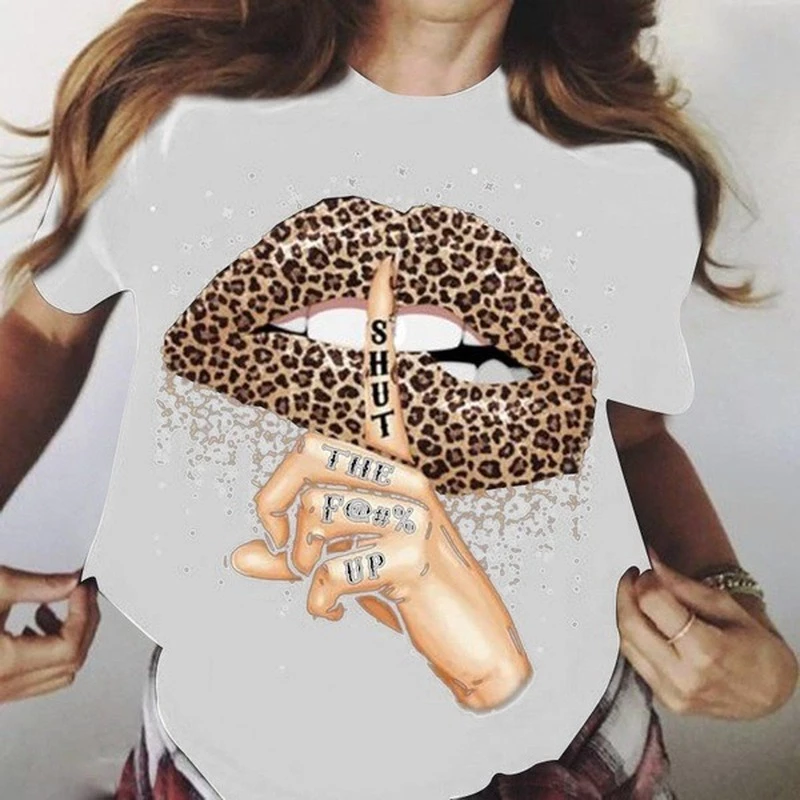 Leopard Lip Shut Up Print T Shirt Women Short Sleeve O Neck Loose Tshirt Summer Women Tee Shirt Tops Camisetas Mujer