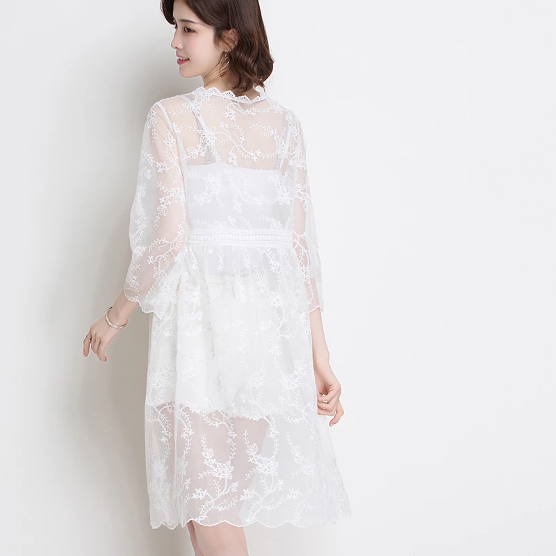 2019 Beach Sexy Summer Women Casual Hollow See Through Boho Kimono Cardigan White Lace Chiffon Loose Printed Blouse Shirt Top