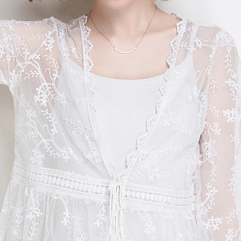 2019 Beach Sexy Summer Women Casual Hollow See Through Boho Kimono Cardigan White Lace Chiffon Loose Printed Blouse Shirt Top