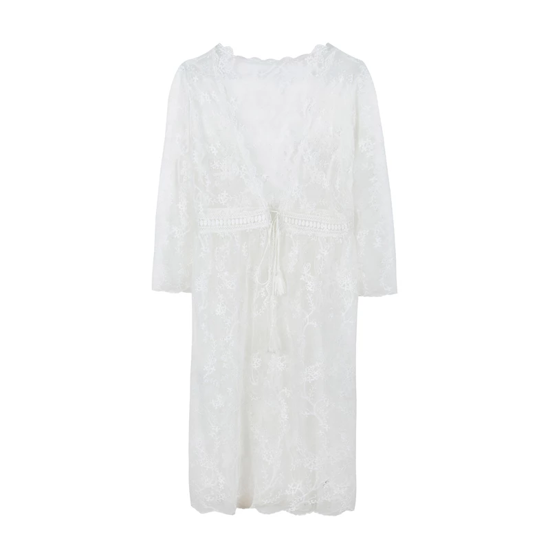 2019 Beach Sexy Summer Women Casual Hollow See Through Boho Kimono Cardigan White Lace Chiffon Loose Printed Blouse Shirt Top