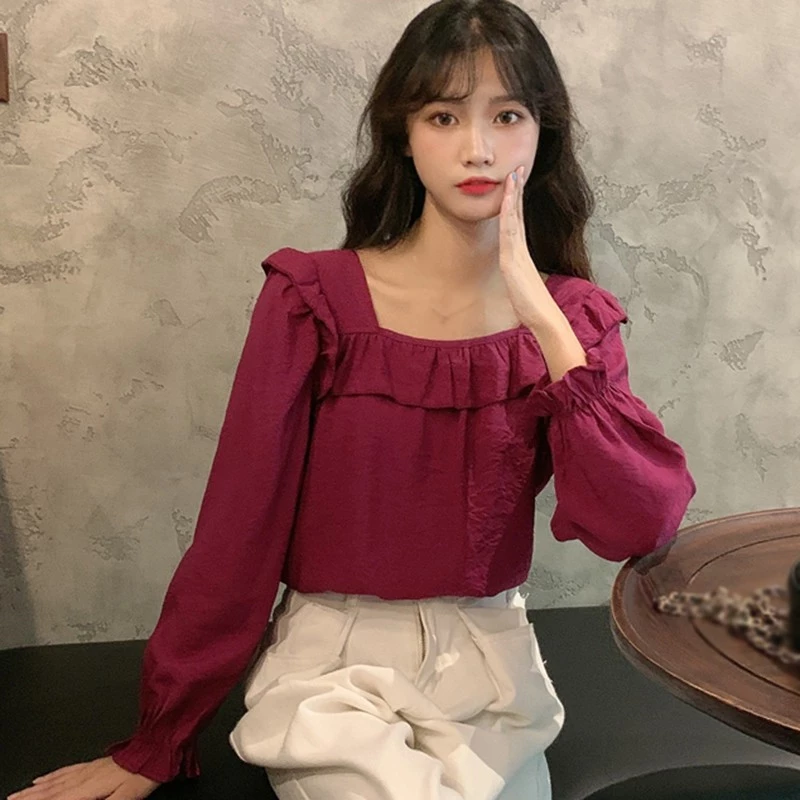 Autumn Women White Shirt Square Collar Long sleeved Solid Color Petal Sleeve Thin Blouses Women Clothing