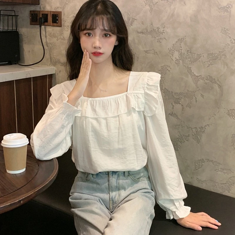 Autumn Women White Shirt Square Collar Long sleeved Solid Color Petal Sleeve Thin Blouses Women Clothing