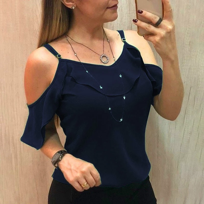 Off The Shoulder Ruffles Short Sleeve Blouse Women Summer Y2K Clothes Harajuku Plus Size Casual Spaghetti Strap Solid Shirts