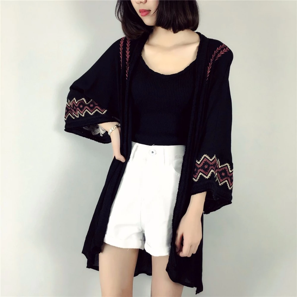 Cheshanf Embroidery Summer Cardigan Black White Kimono Cardigan Women Beach Loose Cardigan Hot Sale