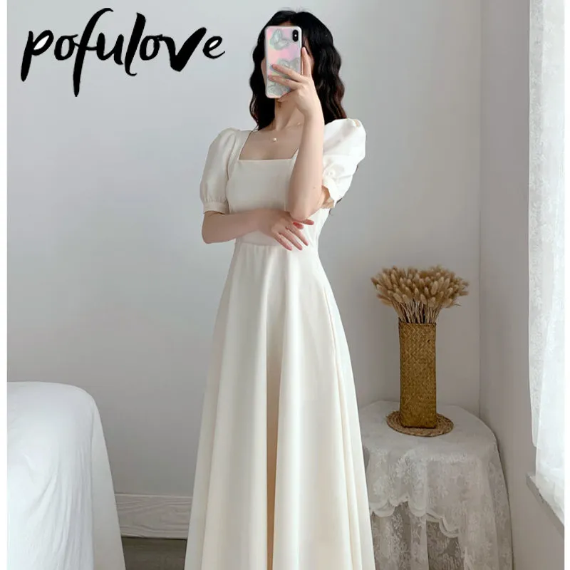 Women Plus Size Dress Puff Sleeve Square Collar White Hepburn Light Mature Slim Temperament Long Ankle Length A LINE Summer 2