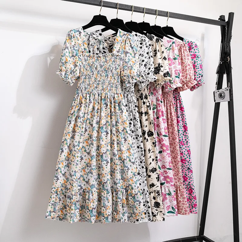 2023 Spring Summer Short Sleeve Casual Dresses Female Elastic Waist Pleated Backless Chiffon Dress Women Midi Dresses Vestido