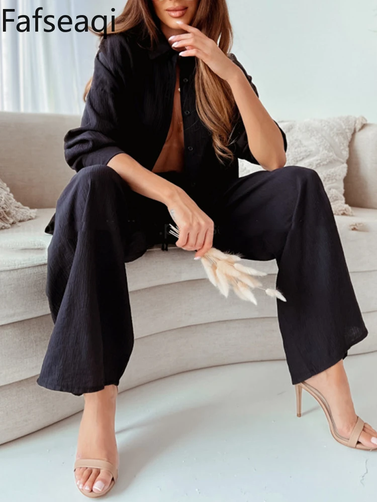 Spring Summer Blue Trouser Suit Set for Women Office Wear Chic Shirts Two Piece Suit Women Elegant Wide Pants Outfits Tracksu