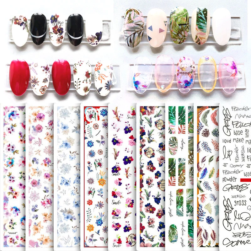 Autocollants pour ongles à fleurs et feuilles, couleur printemps et été, alphabet anglais, plante, fleurs immortelles, art