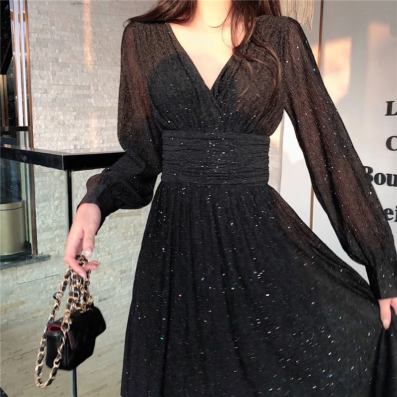 Robe mi longue brillante à manches longues et col en V pour femmes, robe trapèze, soirée élégante, rouge, noir, rose, ro