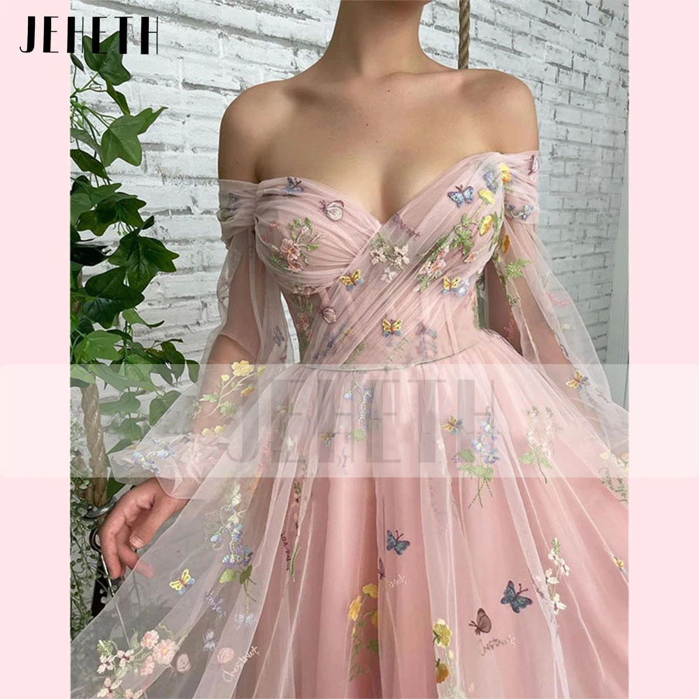 JEHETH Elegant Flower Pink Prom Dress Charming A line Pageant Sweetheart Illusion Long Sleeve Off Shoulder Evening Gowns Wome