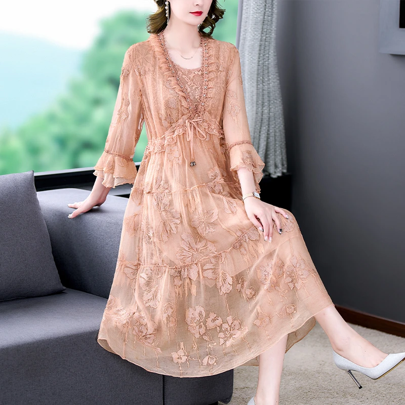 2022 New Spring Summer Women Mulberry Silk Dresses Vintage Mesh Floral Embroidery Dress Elegant A Line Bodycon Party Vestidos