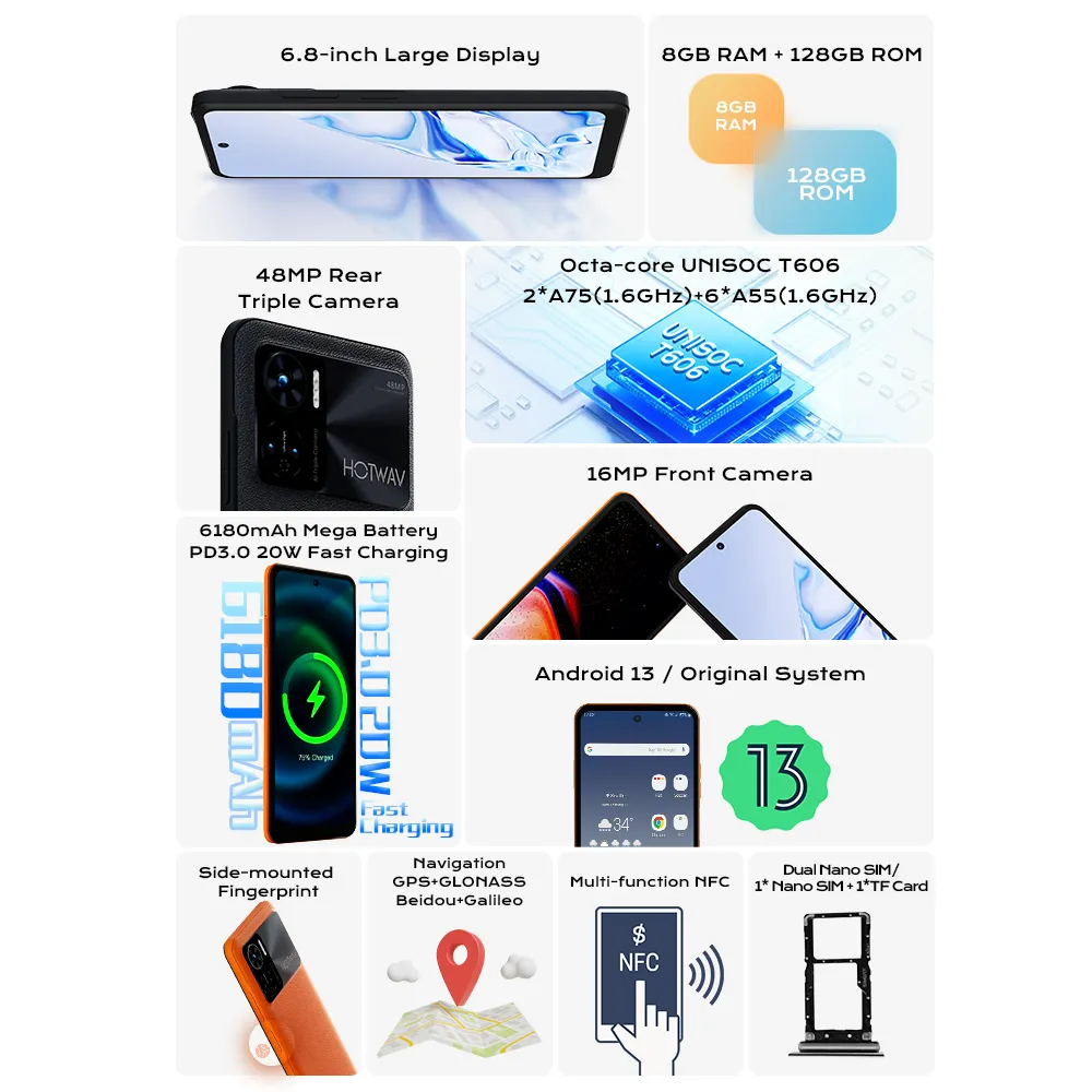 HOTWAV Note 12 Smartphone 6.8'' HD+ Android 13 8GB+128GB Octa Core Mobile Phone 48MP NFC 6180mAh PD3.0 20W Charging Cellphone