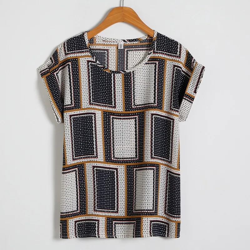Casual Women Chiffon Blouse Female Plaid Short Sleeve Batwing Short Shirt Summer Tops Plus Size
