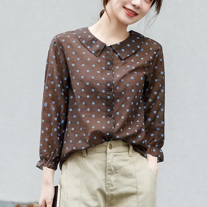 Women's Spring Autumn Style Blouse Shirt Women's Peter Pan Collar Button Polka Dots Elegant Loose Tops SP930
