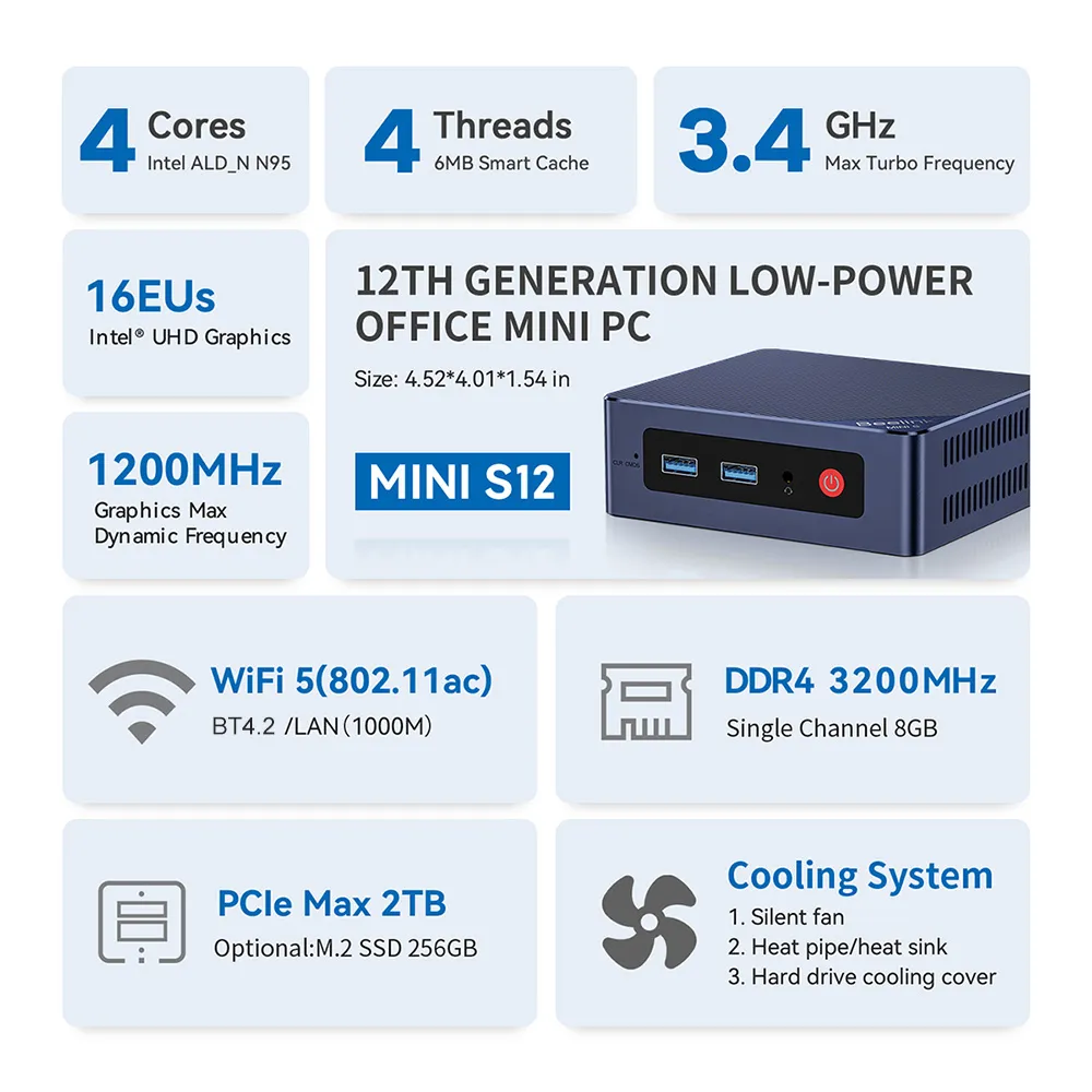 Beelink Mini S12 Windows 11 Intel 12th Gen N95 Mini PC DDR4 8GB 256GB SSD Desktop Gaming Computer Mini S12 Pro Intel N100 NVM