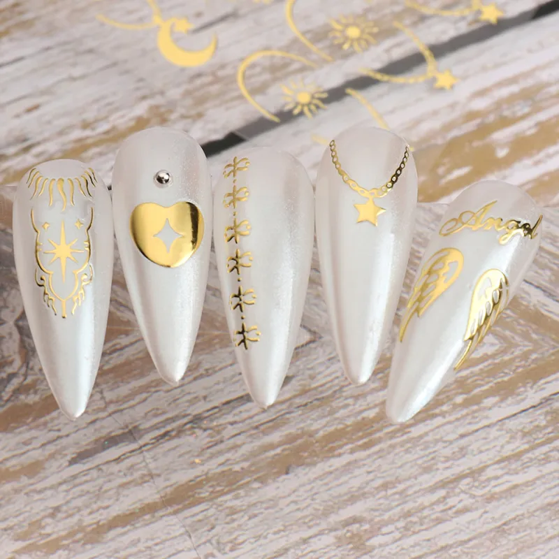 Silver Nail Stickers: Sun, Moon, Stars, Lock, and Angel Wing Decals 3D Adhesive Sliders for Spring Nail Decor