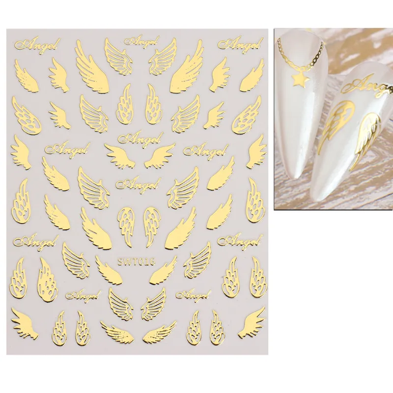 Silver Nail Stickers: Sun, Moon, Stars, Lock, and Angel Wing Decals 3D Adhesive Sliders for Spring Nail Decor
