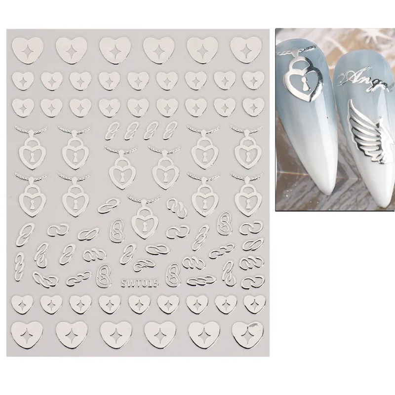 Silver Nail Stickers: Sun, Moon, Stars, Lock, and Angel Wing Decals 3D Adhesive Sliders for Spring Nail Decor