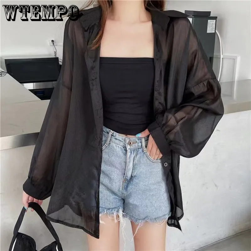 Fashionable Women's Beach Shirts: See Through Chiffon Blouses Long Sleeve Loose Fit for Summer Sun Protection by WTEMPO