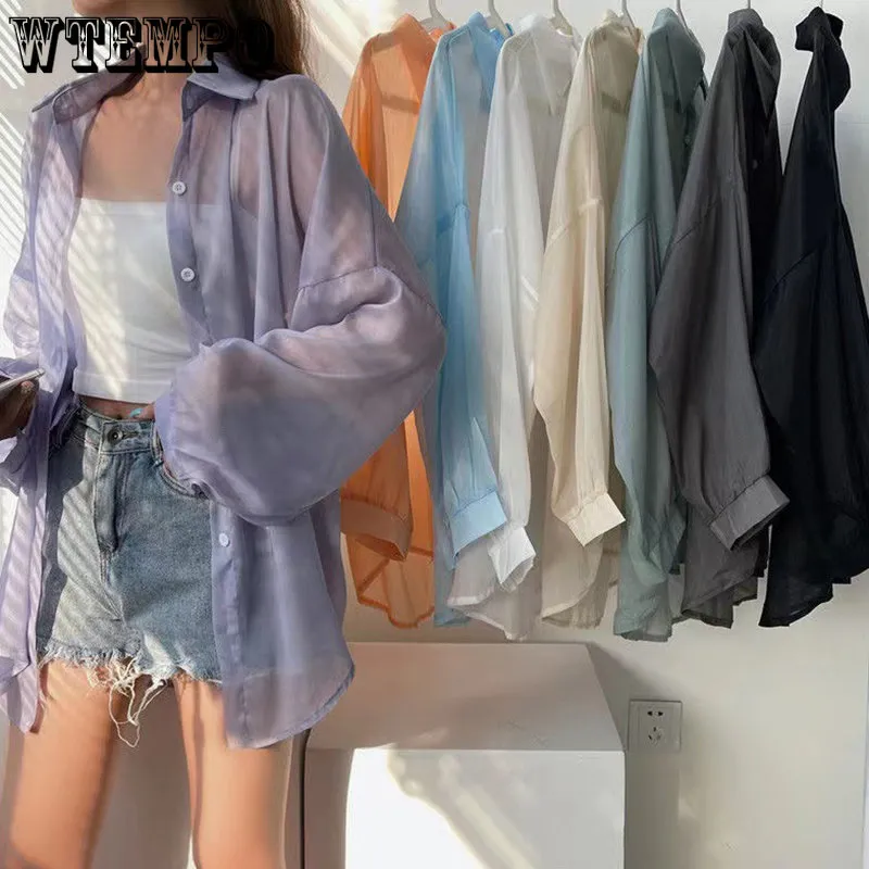 Fashionable Women's Beach Shirts: See Through Chiffon Blouses Long Sleeve Loose Fit for Summer Sun Protection by WTEMPO
