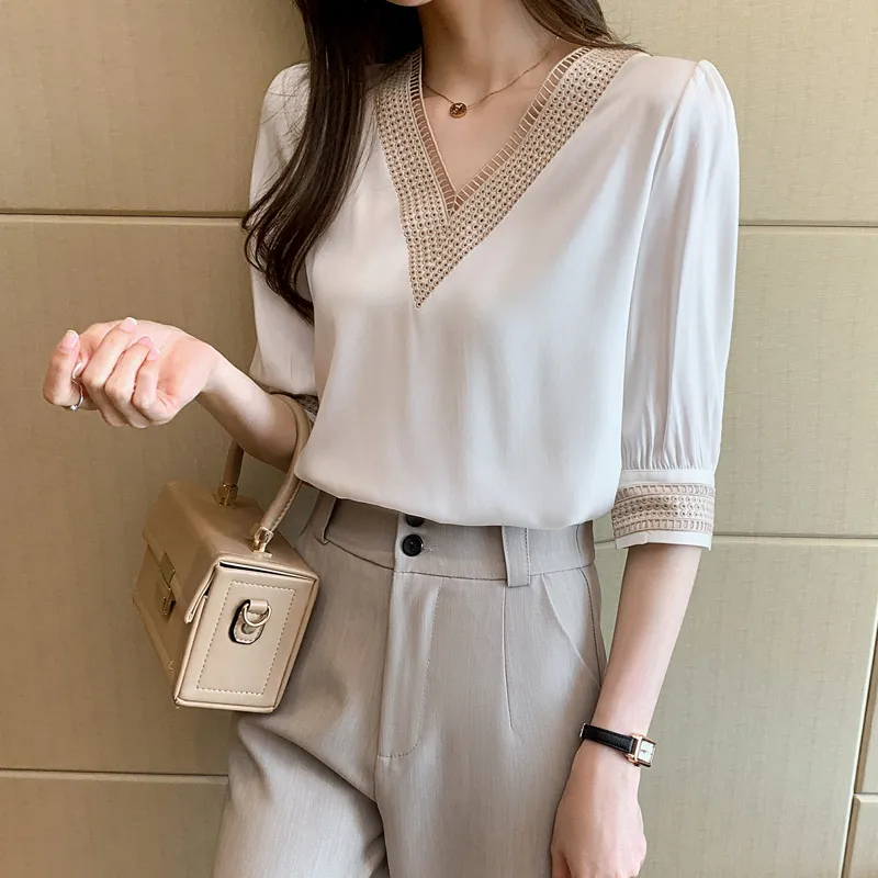 New Fashion V Neck Chiffon Women's Shirts: Casual Loose Blouses Long Sleeve Tops for Stylish Female Clothing
