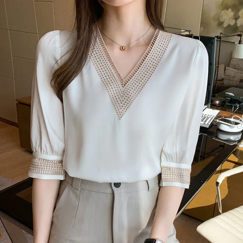 New Fashion V Neck Chiffon Women's Shirts: Casual Loose Blouses Long Sleeve Tops for Stylish Female Clothing