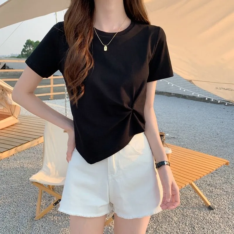 2023 Brand New Women's T Shirt: Round Neck, Irregular Design Leisure Slim Short Sleeve Top