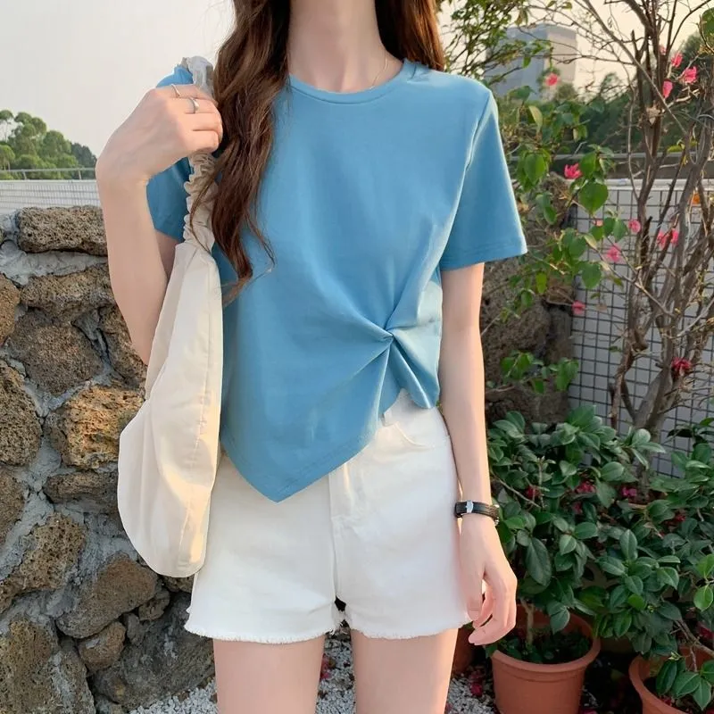 2023 Brand New Women's T Shirt: Round Neck, Irregular Design Leisure Slim Short Sleeve Top
