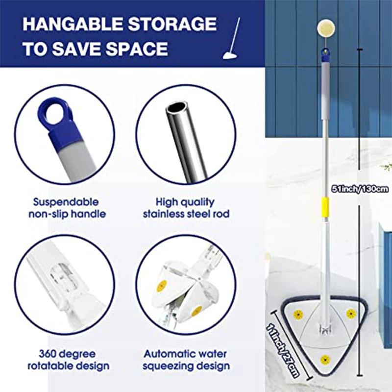 Telescopic Triangle Mop 360° Rotatable Adjustable Squeeze Wet Dry Cleaning Home Floor Tool
