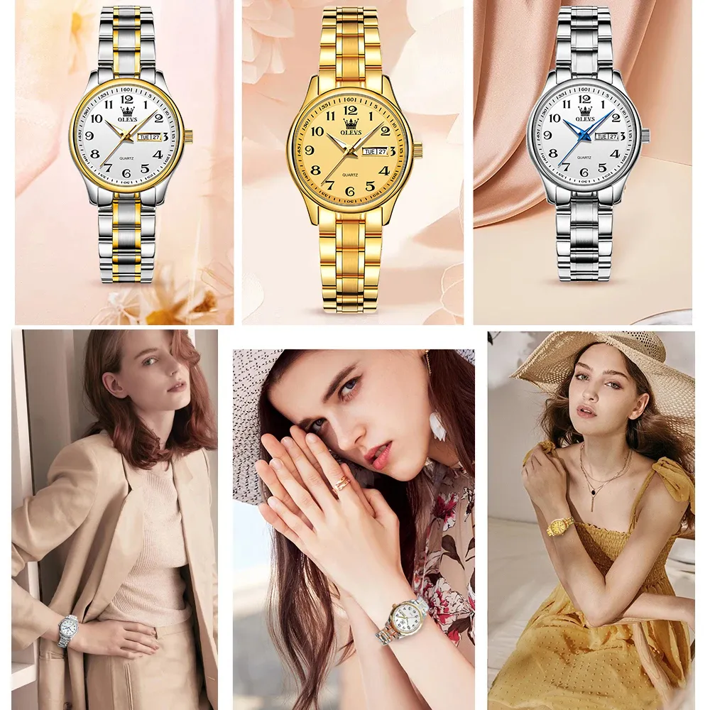OLEVS Women's Luxury Wristwatch Waterproof Stainless Steel Quartz Gold Tone