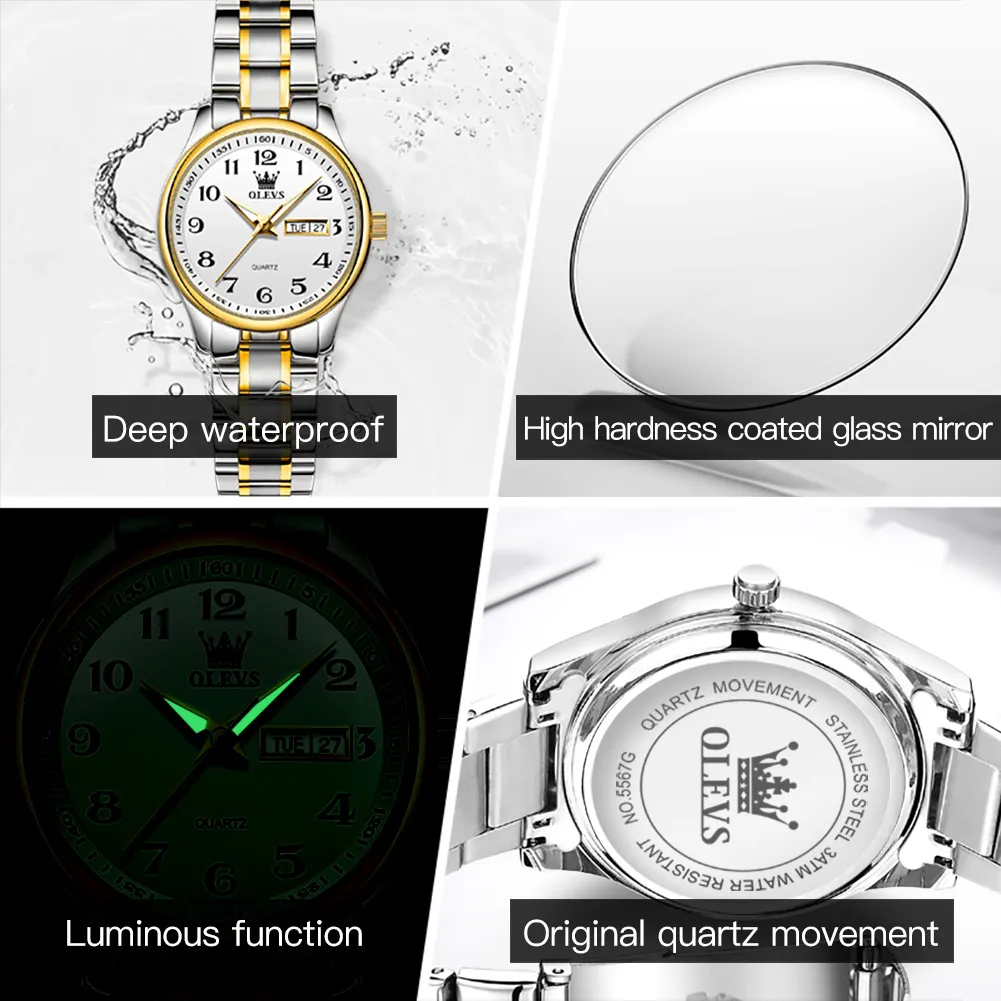 OLEVS Women's Luxury Wristwatch Waterproof Stainless Steel Quartz Gold Tone