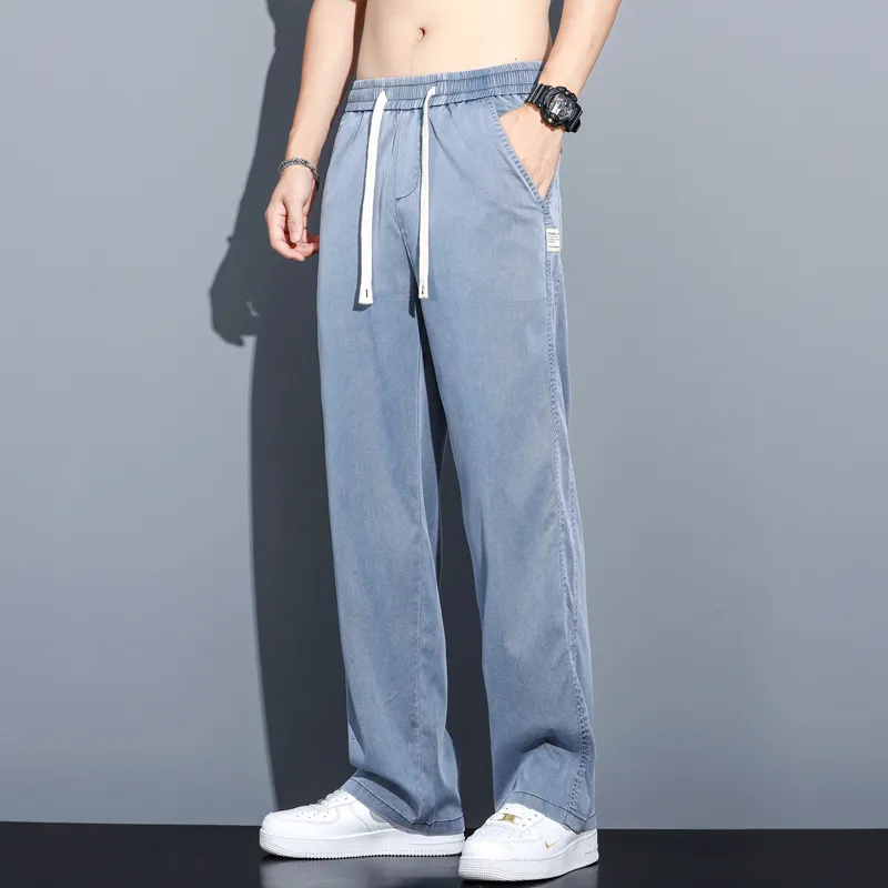Summer Soft Lyocell Fabric Men's Jeans Thin Loose Straight Pants Drawstring Elastic Waist