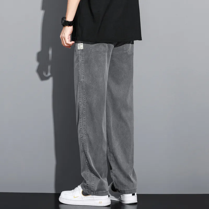 Summer Soft Lyocell Fabric Men's Jeans Thin Loose Straight Pants Drawstring Elastic Waist