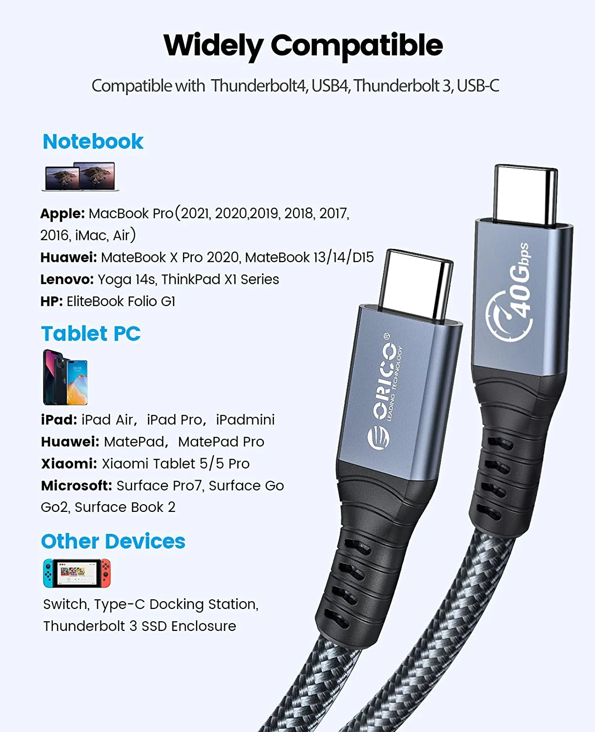 ORICO Cable 2M Thunderbolt 4 Compatible 8K @60Hz Video USB C PD100W Fast Charge