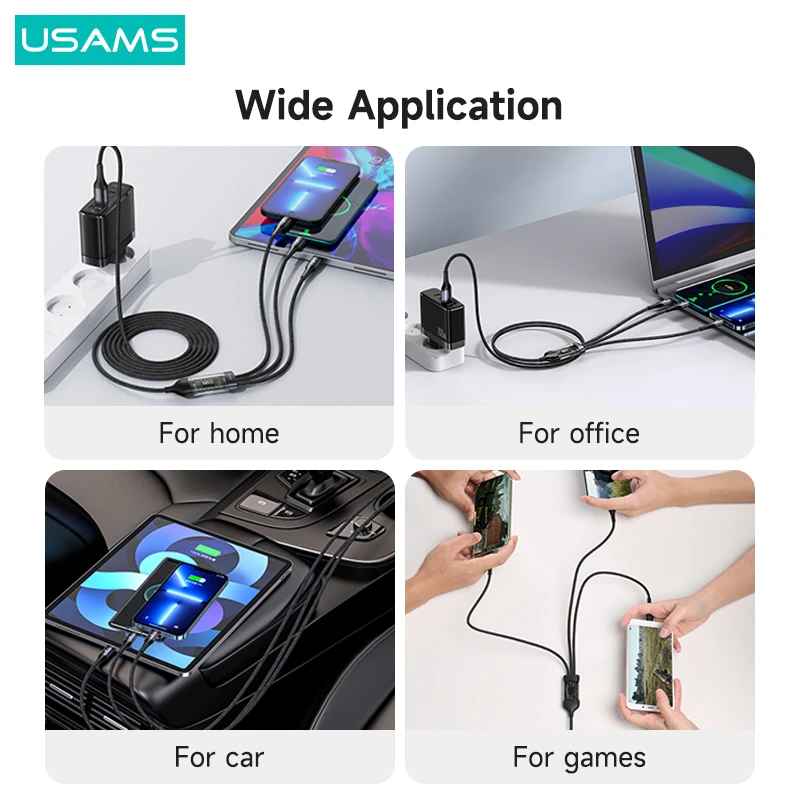 USAMS 66W 3 in 1 Digital Display Cable iPhone 14 13 12, iPad, MacBook Quick Charging & Data Transfer