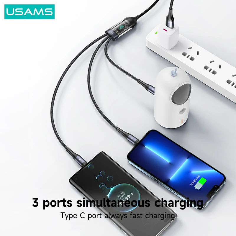 USAMS 66W 3 in 1 Digital Display Cable iPhone 14 13 12, iPad, MacBook Quick Charging & Data Transfer