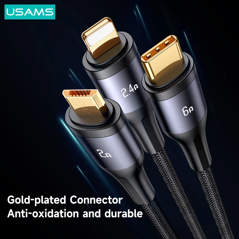 USAMS 66W 3 in 1 Digital Display Cable iPhone 14 13 12, iPad, MacBook Quick Charging & Data Transfer