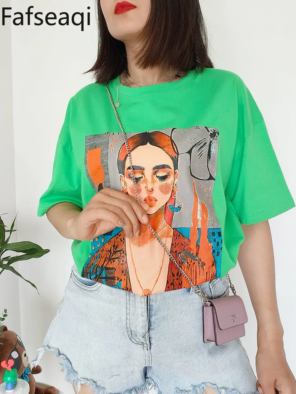 100 Percent Cotton Women's Oversized T shirts Comics Print Short Sleeve Summer Tops