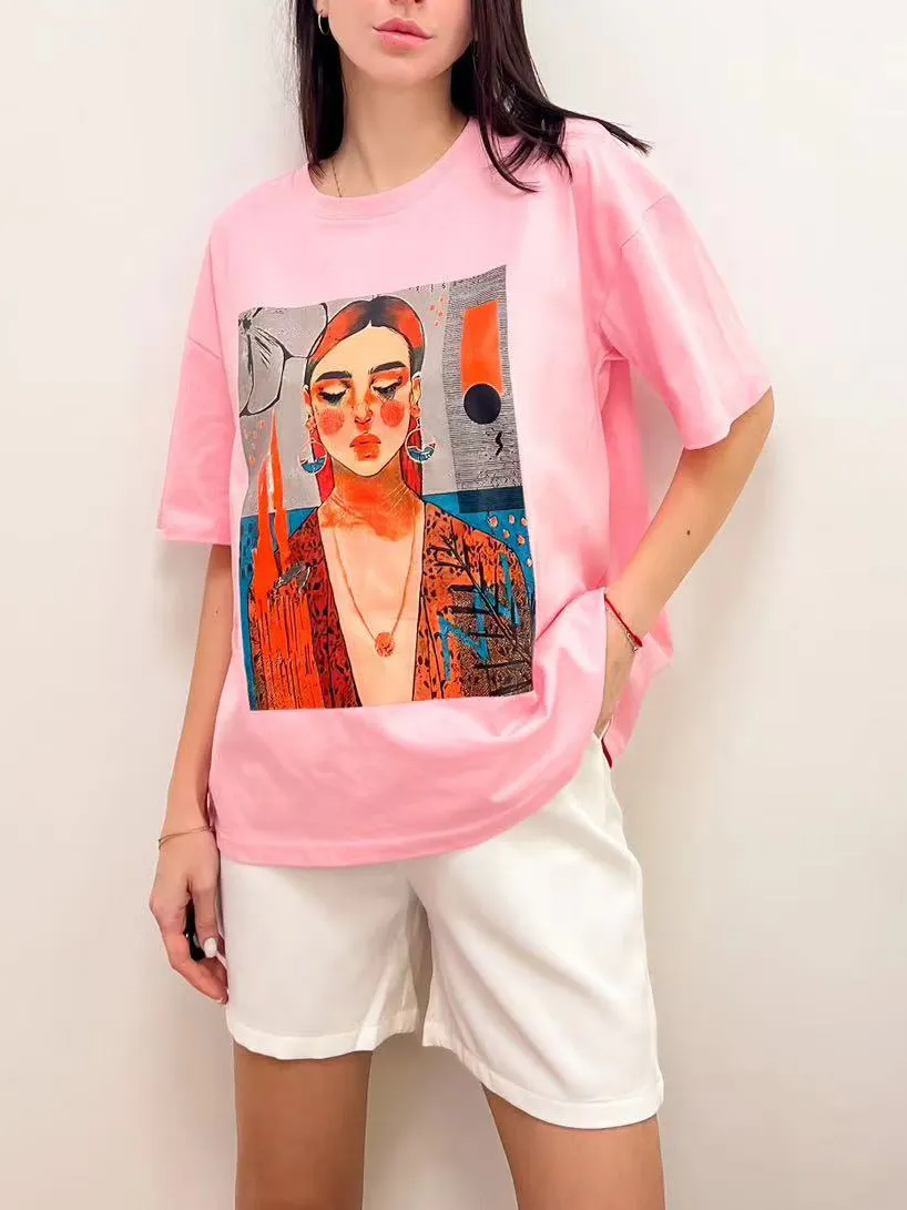 100 Percent Cotton Women's Oversized T shirts Comics Print Short Sleeve Summer Tops