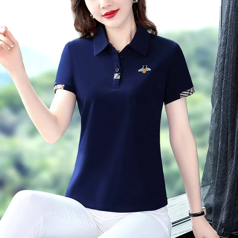 Summer New Women's Short Sleeve Polo Shirts Casual Bee Embroidery 95 Percent Cotton Fashion Slim Tops
