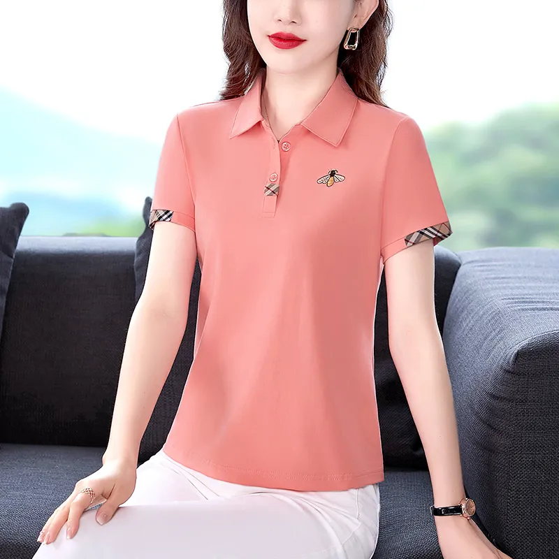 Summer New Women's Short Sleeve Polo Shirts Casual Bee Embroidery 95 Percent Cotton Fashion Slim Tops