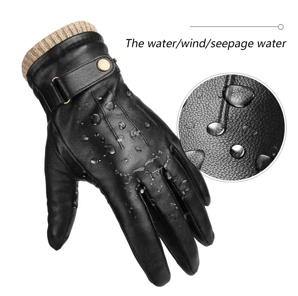 OZERO Luxury Men's Leather Winter Gloves Thermal Cashmere Wool Clothing and driving Hands warm