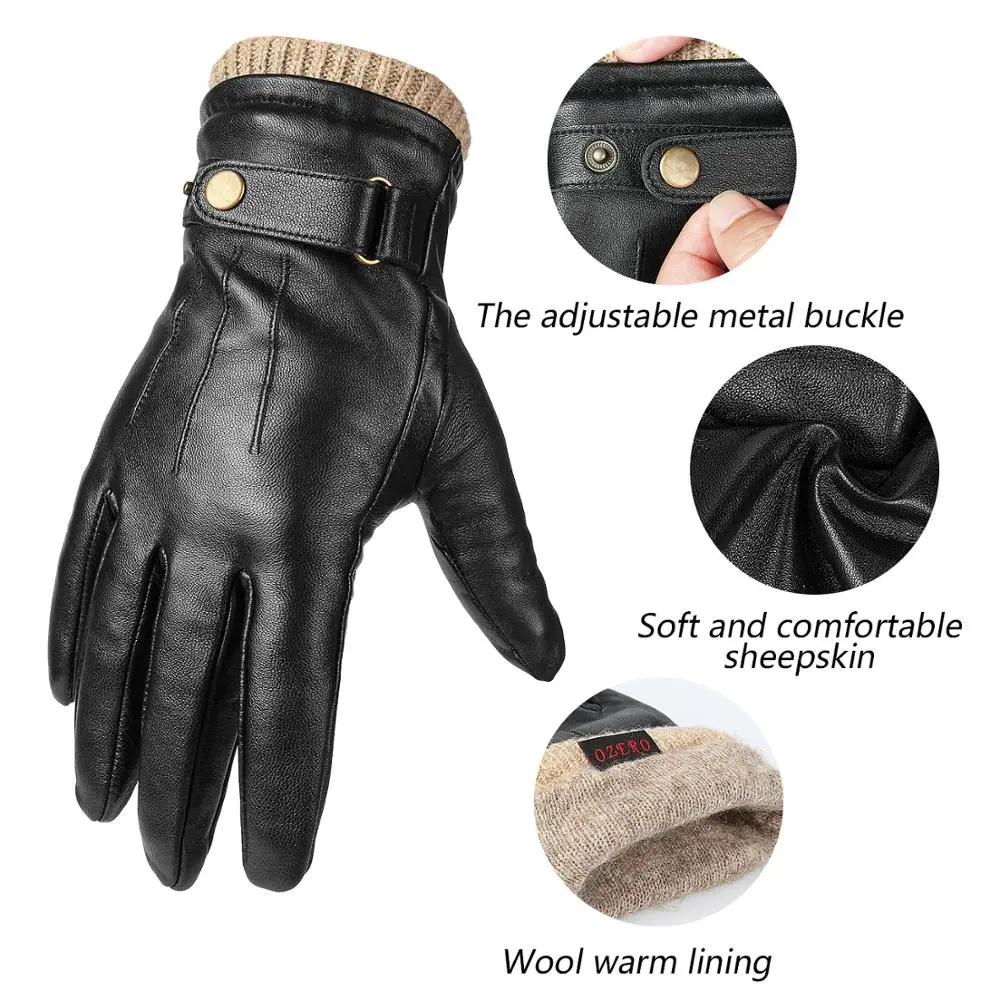 OZERO Luxury Men's Leather Winter Gloves Thermal Cashmere Wool Clothing and driving Hands warm